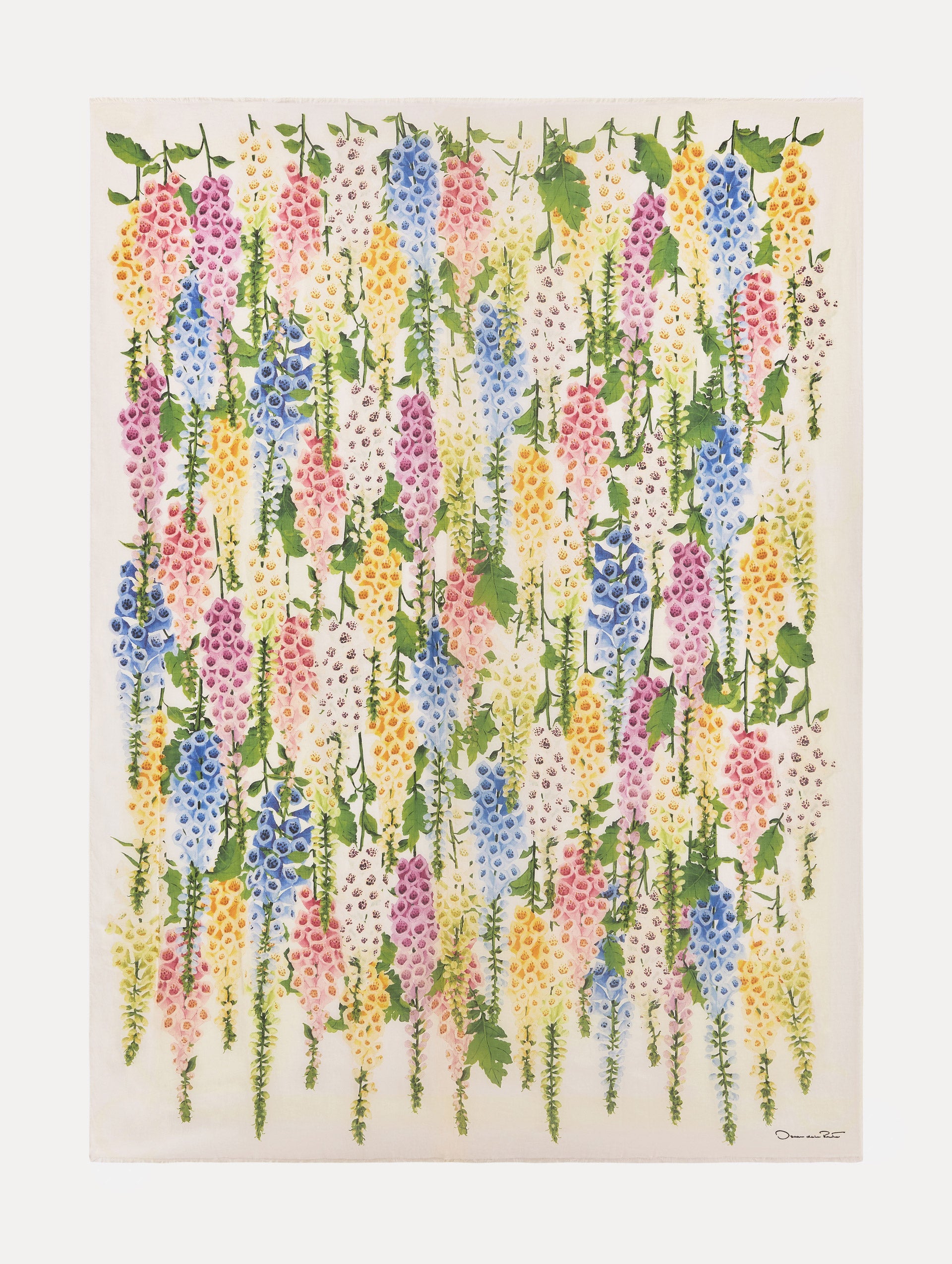 Floral Allium Modal Scarf featuring multicolor foxglove motifs on a white background with signature logo detail.