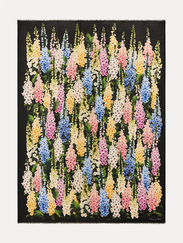 Black Foxglove Cashmere-Blend Scarf with yellow, pink, blue, and purple floral pattern and the Oscar de la Renta logo. 