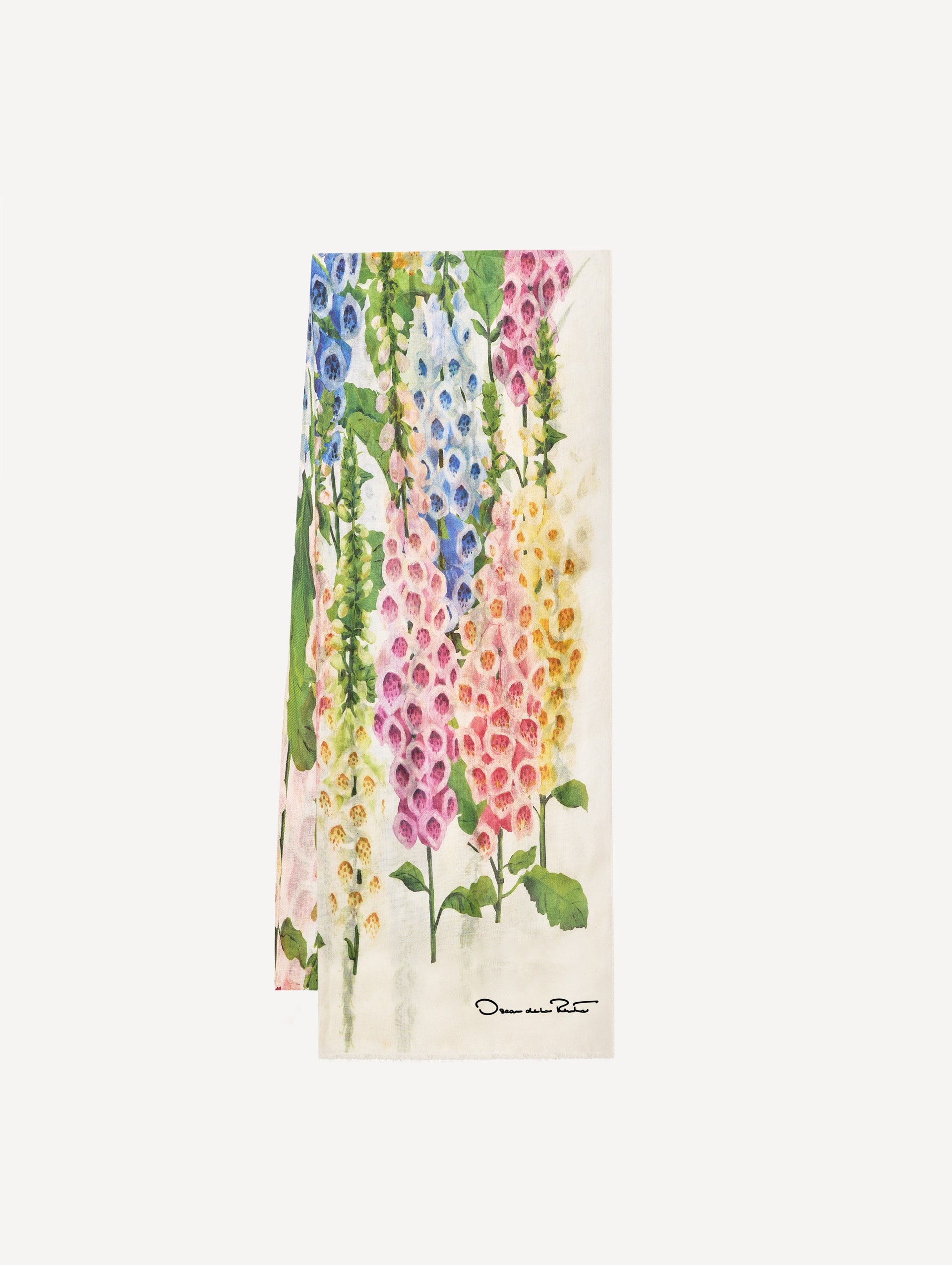 Floral Allium Modal Scarf featuring multicolor foxglove motifs on a white background with signature logo detail.