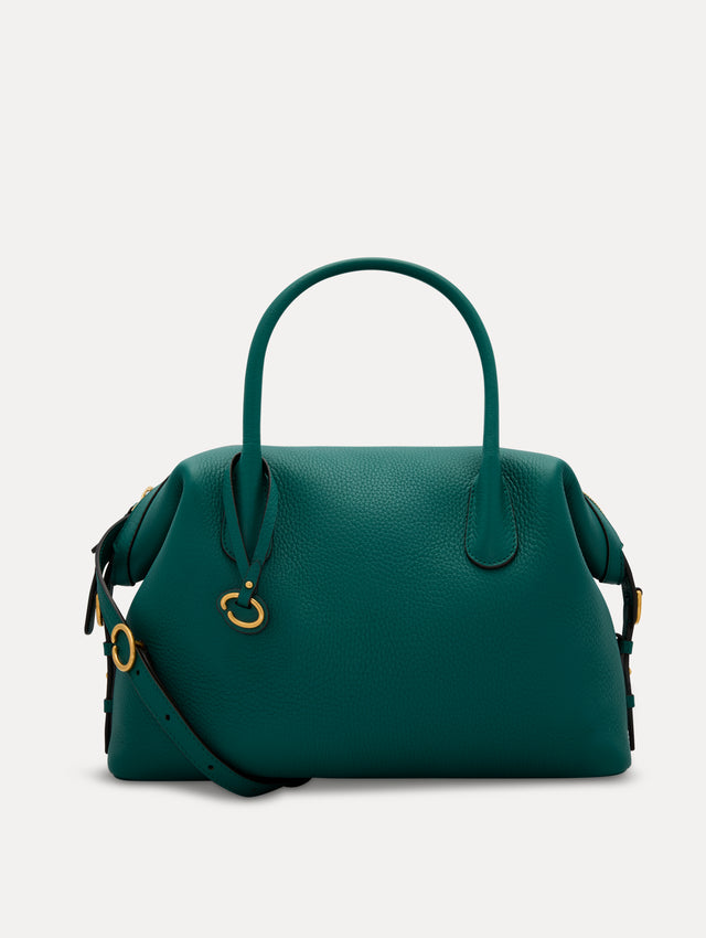 The Dahlia in Juniper Green. This duffle bag has top handles and a removable shoulder strap. Detailed with Oscar de la Renta signature O emblem on the hangtag. Front View
